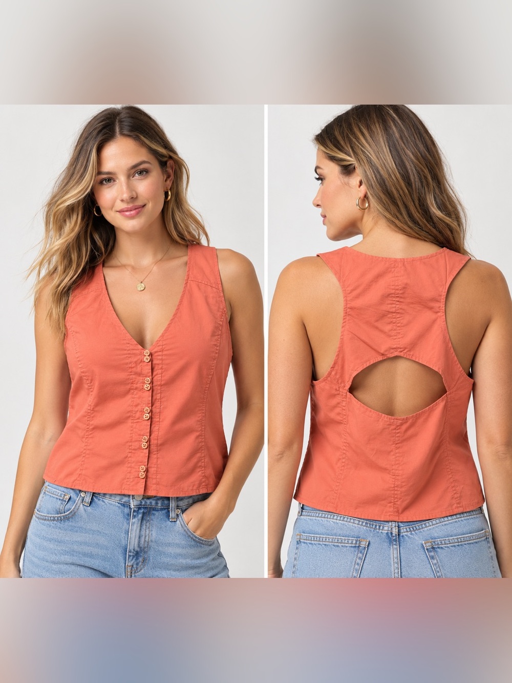By Anthropologie Coral Cotton Button Front Seamed Vest Top Size 14